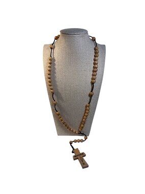 Wooden Medjugorje Rosary Necklace Cross Pendant Prayer Beads Religious 17"